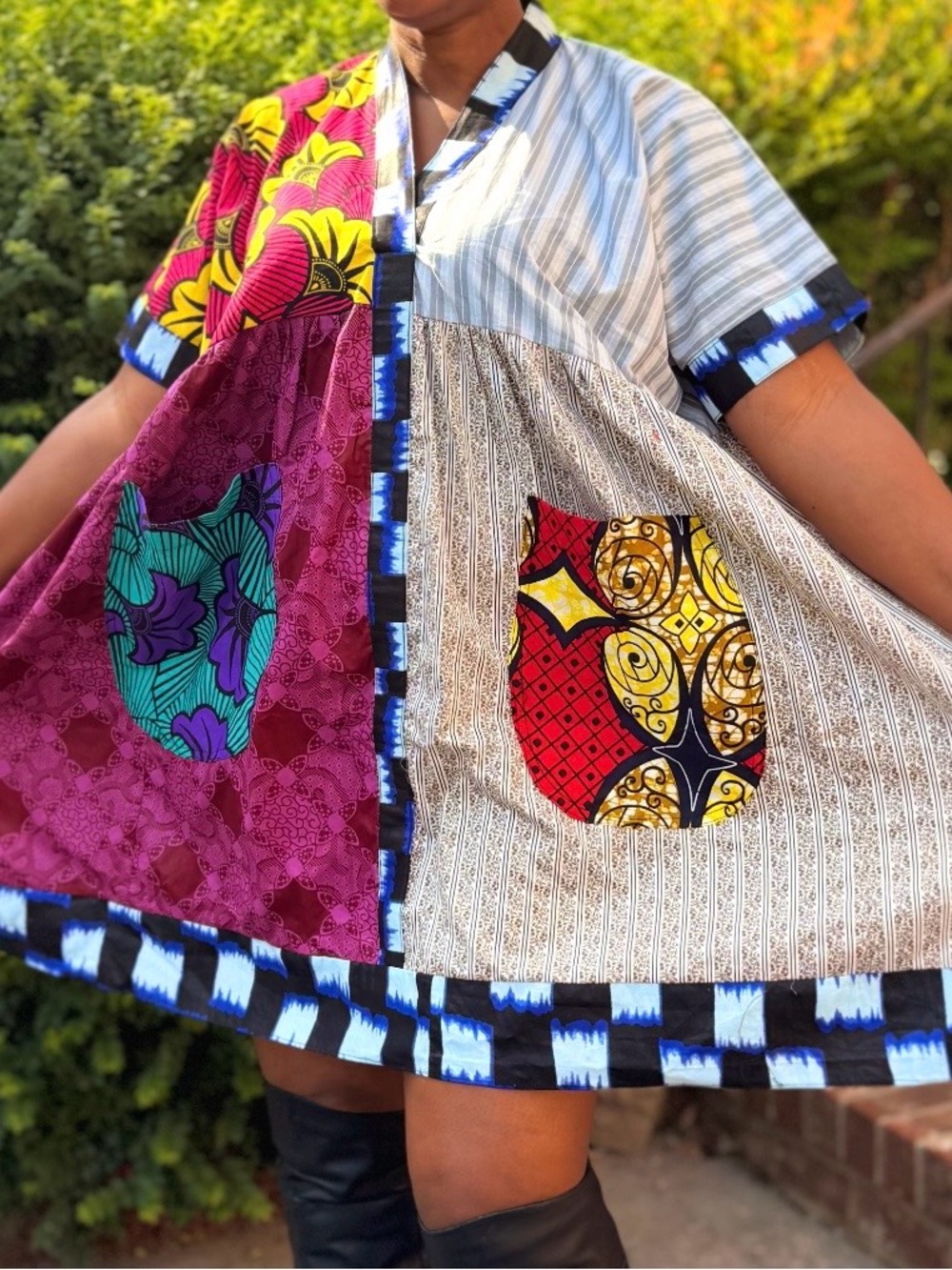 Handmade Patchwork Mini Dress with Decorative Pockets - Multicolor
